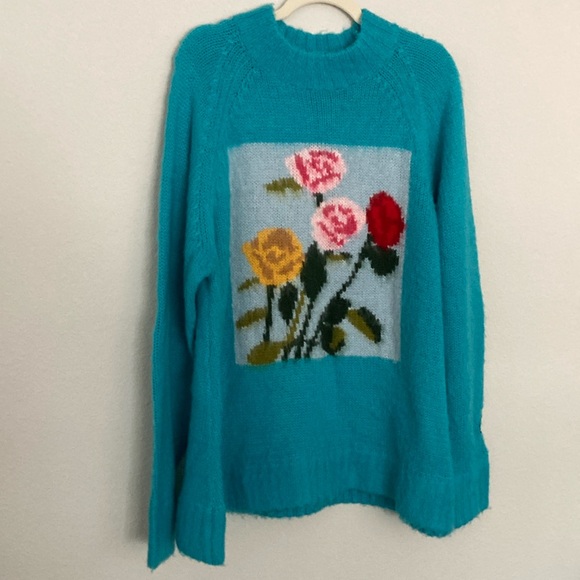 Lazy Oaf Little Sunny Bite Oversized Chunky Aqua Blue Floral Picture Sweater - Picture 1 of 9